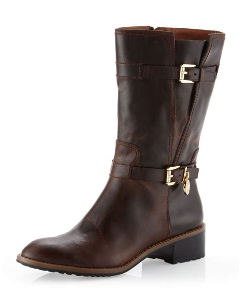 michael kors leather brown boots|Michael Kors adjustable buckle boots.